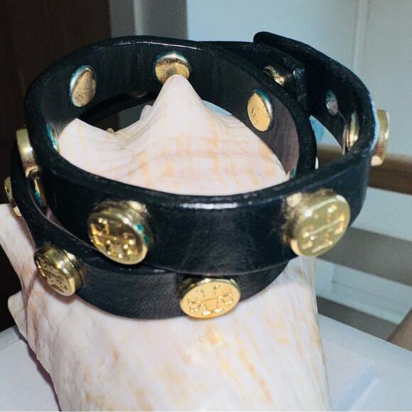 Tory Burch - Leather Double Wrap Logo Studded Bracelet, Black and Gold - Picture 1 of 5
